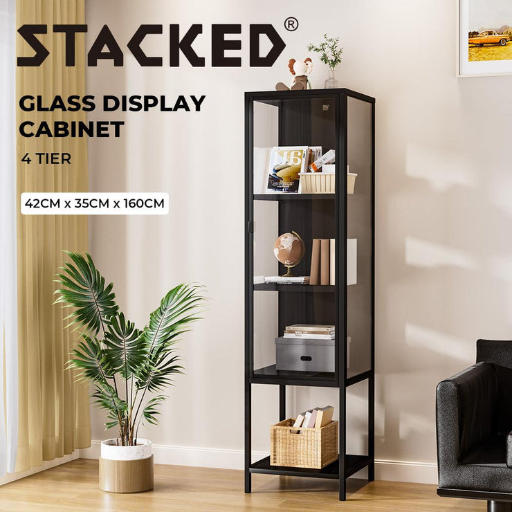 Stacked Display Cabinet With Glass Door Steel Frame Black