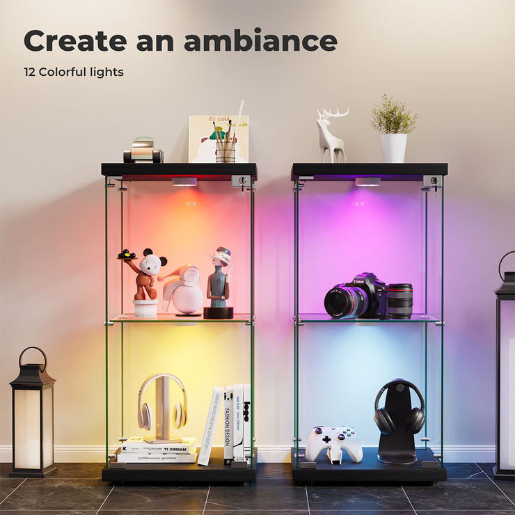 Stacked Tempered Glass Display Cabinet With 3 RGB Lights Collections Lockable