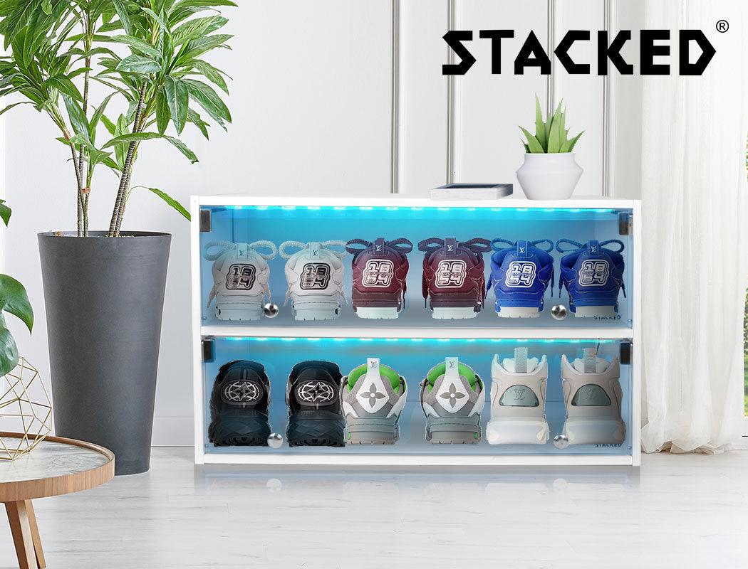 Stacked LED Shoes Storage Cabinet Sneaker Display Case Stackable Rack ...