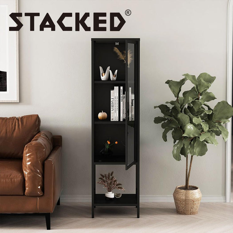 Stacked Display Cabinet With Glass Door Steel Frame Black