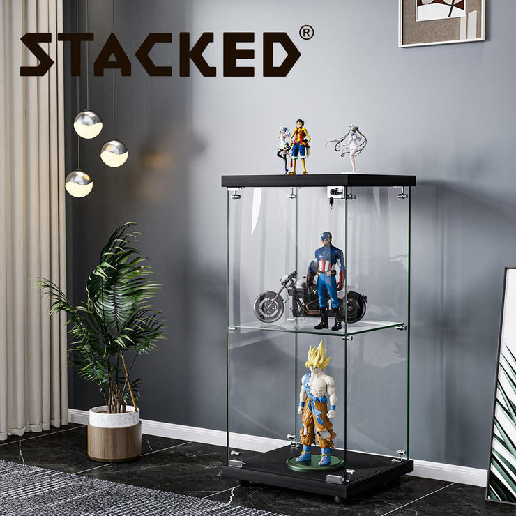 Stacked Glass Display Cabinet Collections Storage 2 Tier Shelves With Lock Black