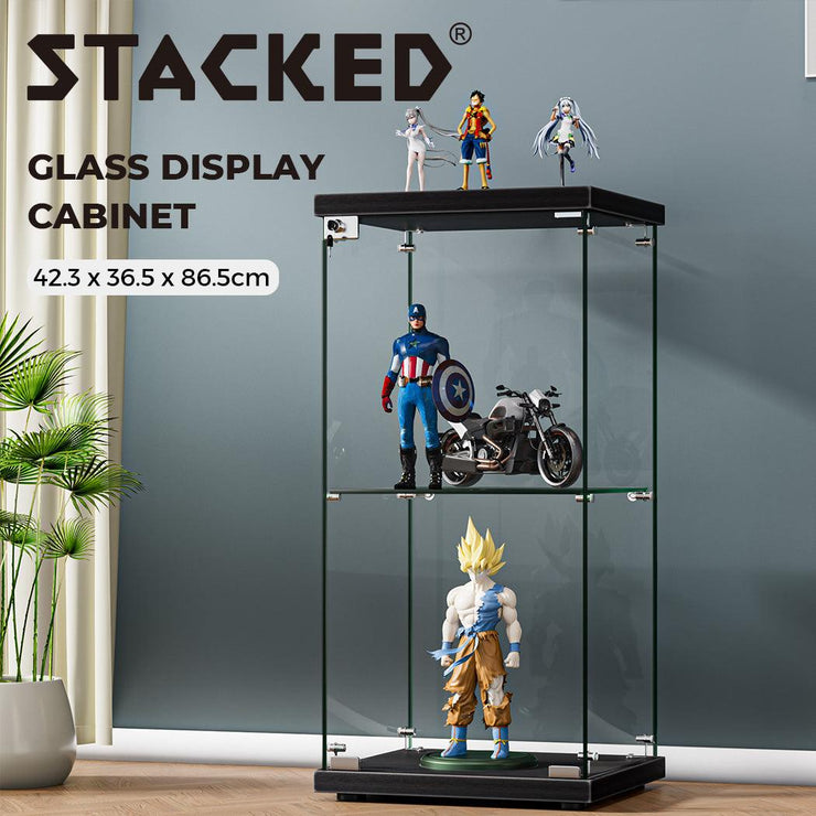 Stacked Glass Display Cabinet Collections Storage 2 Tier Shelves With Lock Black